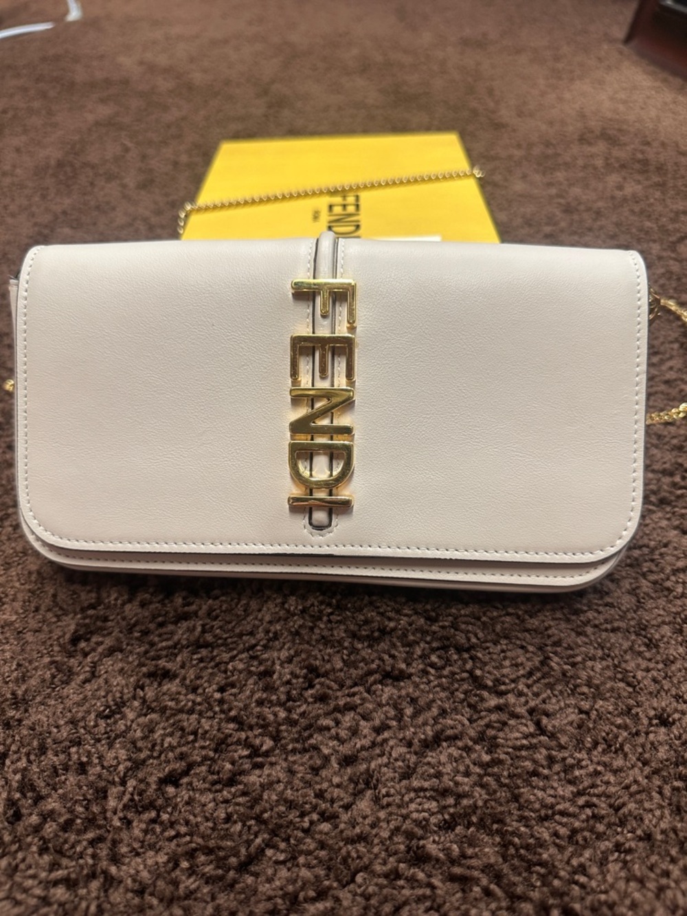 Fendi White Leather Crossbody with Gold FENDI Logo Chain